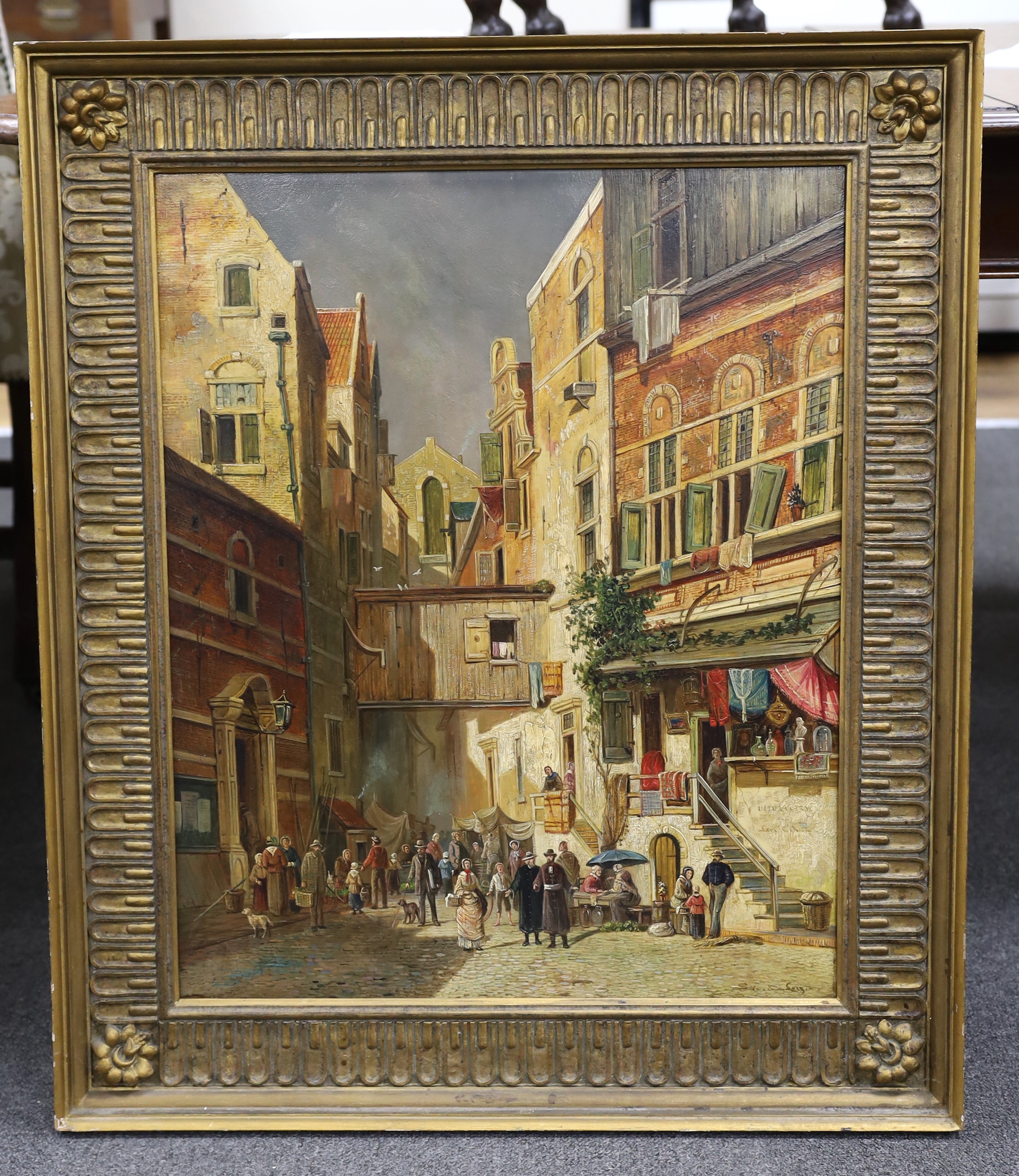Van der Loiz, oil on panel, Street scene with market sellers, signed, indistinctly inscribed lower right, 60 x 49cm